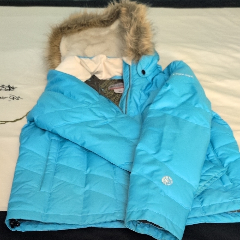 Columbia Blue Jacket with Faux Fur Hood Woman's L